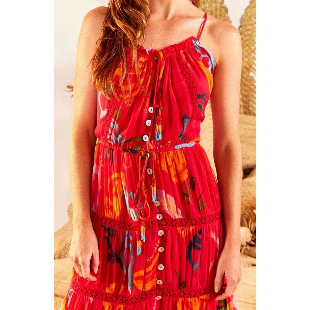 Farm Rio Mixed Fruits Ocean Maxi Dress Tiered Beaded Tassel Tropical Resort XL - Picture 3 of 16